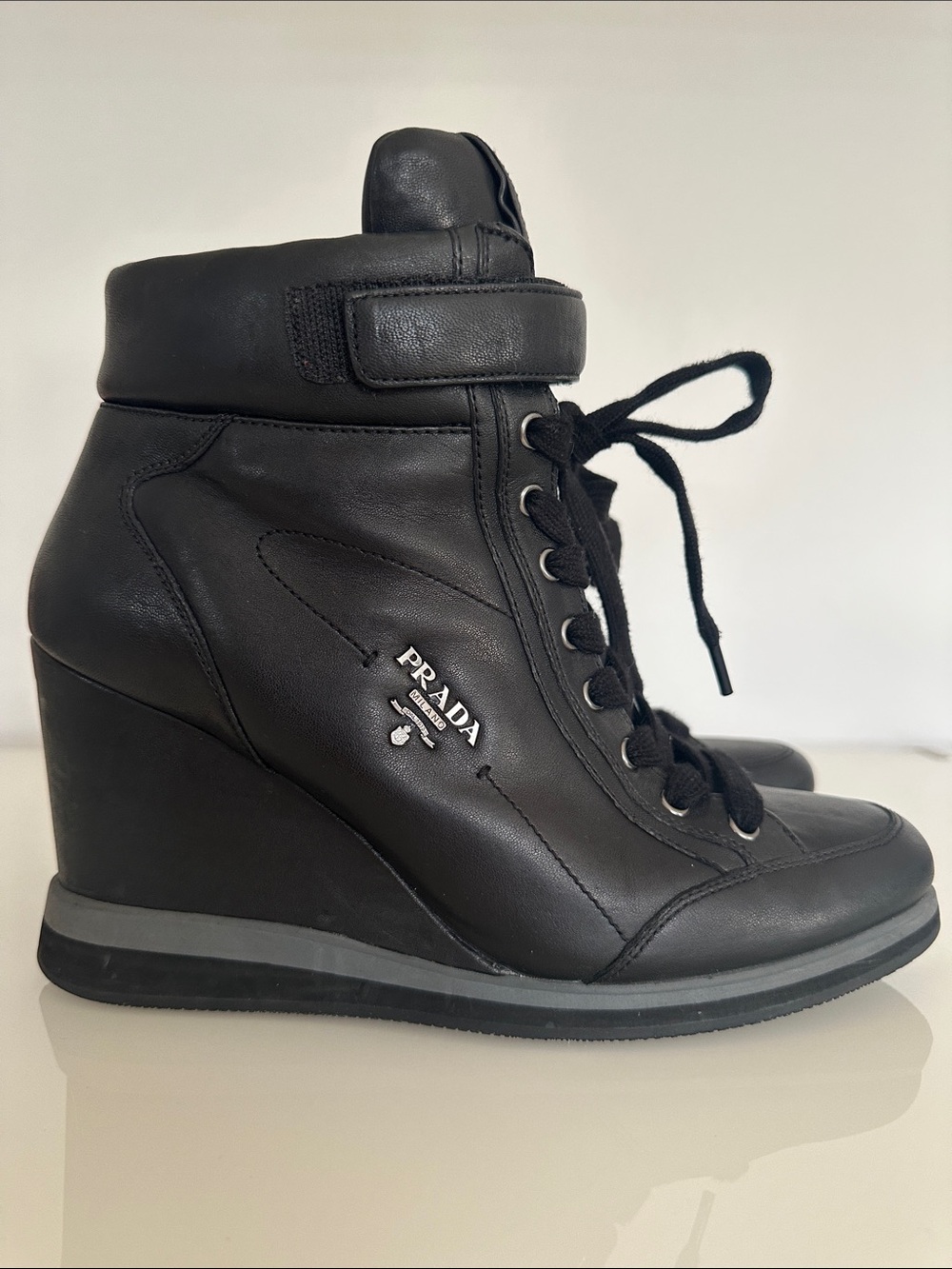 Prada sport wedge lace up leather bootie sneaker 39.5